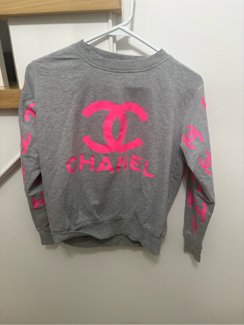 CHANEL Gray Crewneck Sweatshirt with Neon Pink Logos